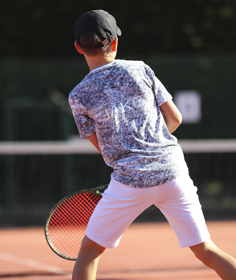 dominic cloud grey tennis tee shirt white shorts boys tennis kit zoe alexander uk